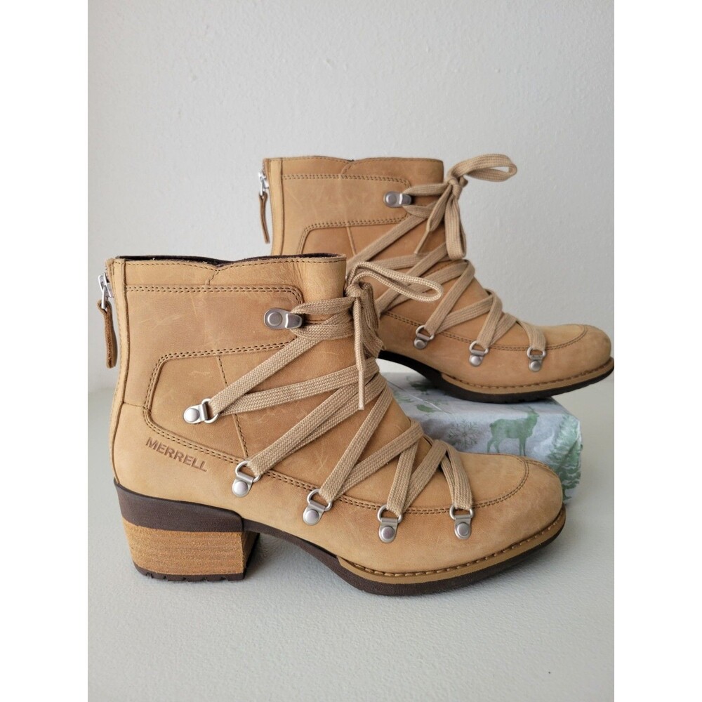 Merrell Shiloh II Tan Suede Leather Lace Up Ankle Boots Women's 8 Block Heel